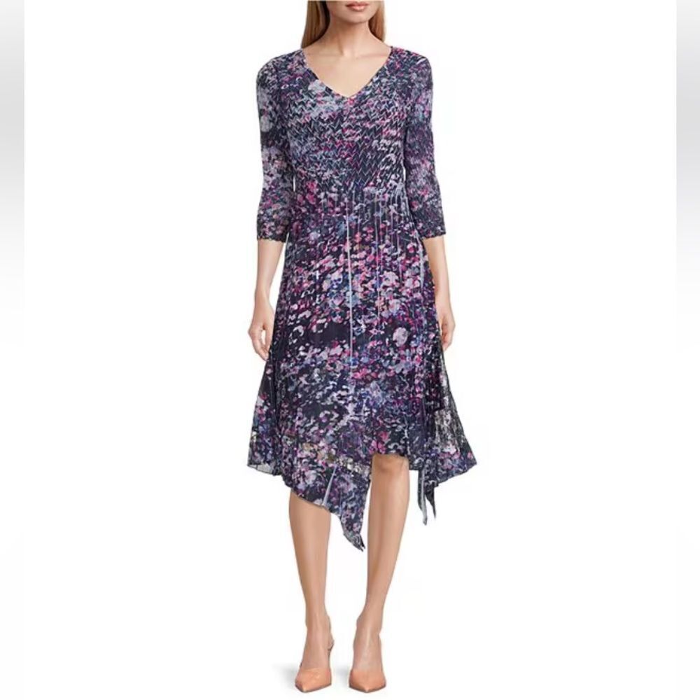 NWT Komarov Chiffon 3/4 Sleeve V-Neck Handkerchief Hem A-Line Dress size Small